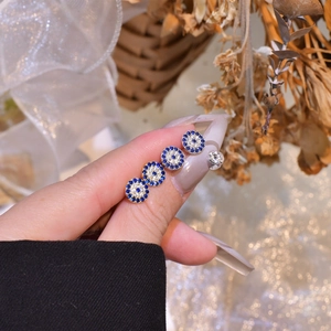 Evil eye S925 sterling silver stud earrings with blue and white zircon inlays