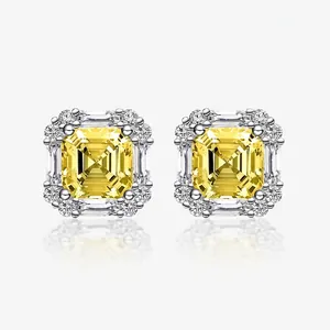 925 Sterling Silver Radiant Cut Square Yellow Rhinestone Stud Earrings Luxury Halo Geometric Fashion Jewelry For Women