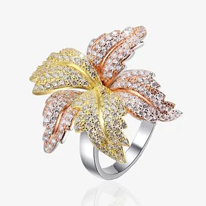 925 Sterling Silver Leaf Ring For Women Tricolor Pave Rhinestone Botanical Finger Ring Elegant Jewelry Wedding Party Gift