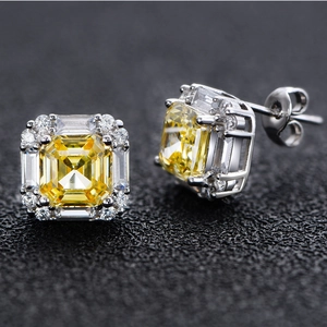 S925 silver square halo stud earrings with 7x7mm radiant yellow high carbon diamonds