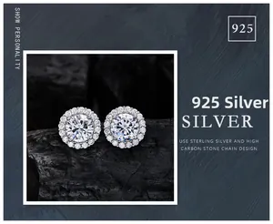 Detailed view of S925 silver stud earrings featuring high carbon diamond halo setting