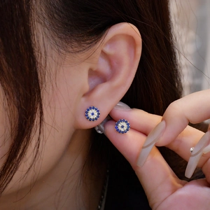Mini S925 sterling silver evil eye stud earrings with blue and white zircon stones