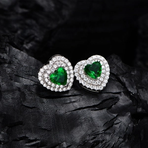 Classic S925 sterling silver heart-shaped emerald stud earrings with double halo design