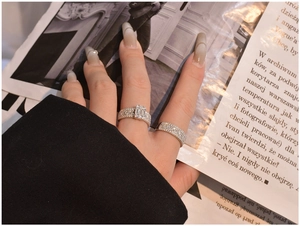 Detail view of a 925 sterling silver stacked ring set with rectangular zircon stones