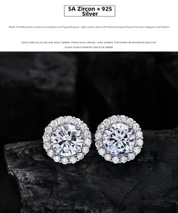 Detail of S925 sterling silver halo stud earrings with 5A grade round cubic zirconia