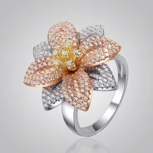 Lussuoso Anello in Argento Sterling S925 Tricolore a Forma di Fiore per Donna Elegante Micro Pavé Zirconia Grande Gioielli