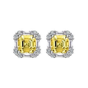 925 silver stud earrings featuring yellow Asscher cut gemstones with halo accents