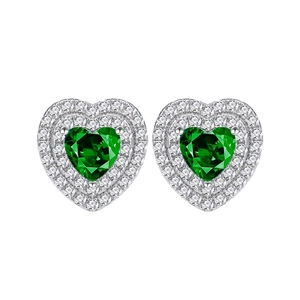 Classic S925 sterling silver heart-shaped emerald stud earrings with halo setting