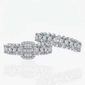 925 Sterling Silver Luxury Baguette Cut Zirconia Halo Ring Set For Women Two Piece Stackable Wedding Engagement Finger Rings