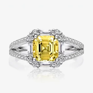 Luxury 925 Sterling Silver Yellow Asscher Cut Ring For Women Square Radiant Halo Rhinestone Inlaid Split Shank Wedding Jewelry