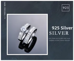 Detailed view of 925 silver wedding set featuring 6mm solitaire and pavé bands