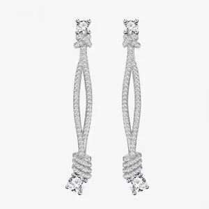 925 Sterling Silver Long Knot Dangle Earrings For Women Luxury Full Rhinestone Tassel Drop Earrings Elegant Wedding Party Jewelry