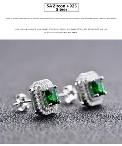 Macro shot of S925 sterling silver square emerald halo earrings with 5A cubic zirconia