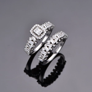 Luxurious S925 sterling silver halo ring set with baguette and round cut diamonds