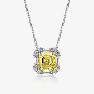 Collier Pendentif en Argent Sterling 925 Carré Jaune Taille Émeraude pour Femmes Collier Choker Halo en Strass de Luxe Bijoux