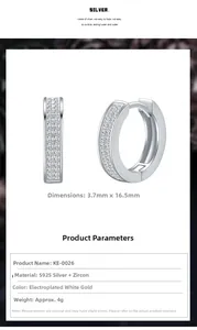 Gros plan de créoles en argent 925 avec zircons pavés, dimensions 16,5 mm par 3,7 mm