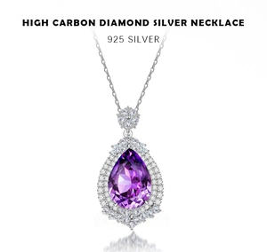 Macro view of pear cut purple gemstone necklace with 925 silver and high carbon diamonds
