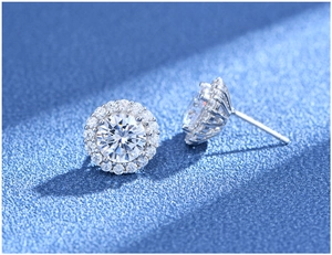 Macro view showing Halo setting S925 silver stud earrings with sparkling round diamonds