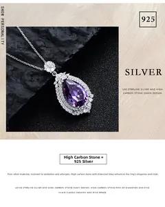 Detailed close-up of a pear-cut purple gemstone pendant on 925 silver necklace