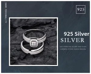 Macro detail of S925 sterling silver ring set with micro-pave rectangular carbon stone