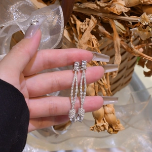 Elegant 925 sterling silver long tassel earrings with micro-pave crystals and round studs