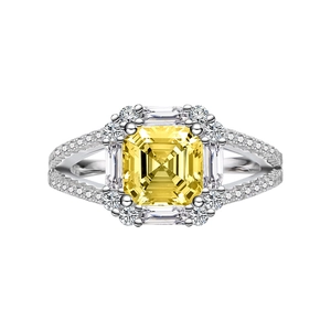 Luxurious S925 silver ring featuring a large Asscher cut yellow gemstone in halo setting