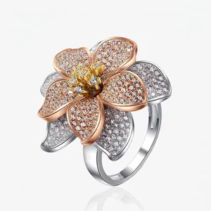 Luxury 925 Sterling Silver Flower Ring For Women Exaggerated Two-Tone Electroplated Zirconia Floral Statement Ring Banquet Jewelry