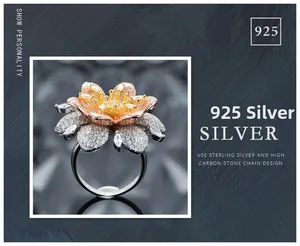 Detailed close-up of S925 sterling silver flower ring with zircon micro-pave petals