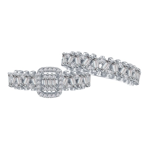 S925 sterling silver wedding ring set with emerald cut and round cz stones
