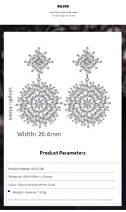 Macro view of S925 sterling silver snowflake earrings with zirconia and size measurements