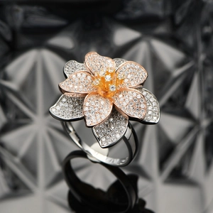 Three-tone S925 silver flower ring with rose gold petals and pavé-set zircons