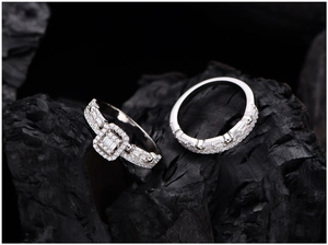 Macro shot of S925 silver square halo ring with micro-pave cubic zirconia stones