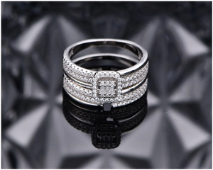 Macro detail of S925 silver rings with full micro-paved sparkling crystals set