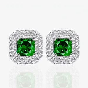 Luxury Square Artificial Emerald Stud Earrings 925 Sterling Silver Post Micro Pave Rhinestone Halo Jewelry For Women