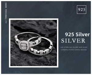 Detailed view of S925 sterling silver ring set with high carbon stone rectangle main gem