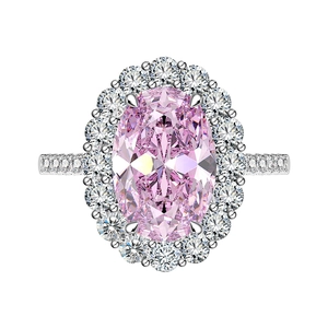 Luxury S925 silver ring with 5.6 carat oval pink carbon diamond and halo diamonds