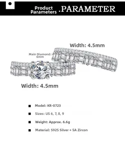 Detailed view of 925 sterling silver ring set featuring 6mm zircon and tapered baguette stones