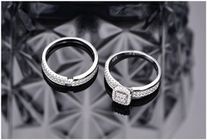 Macro shot of S925 sterling silver ring set with square micro-pave crystals