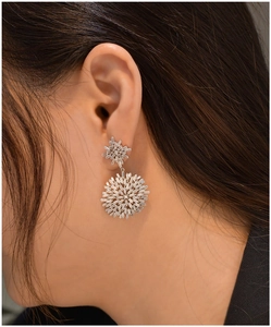 Close-up of S925 silver snowflake drop earrings with sparkling zircon baguette stones