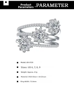 Bague triple épaisseur en argent S925 avec fleurs en zircone 5A et guide des tailles