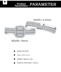 Detailed parameter chart for S925 silver square zircon stacked ring set size 6-9