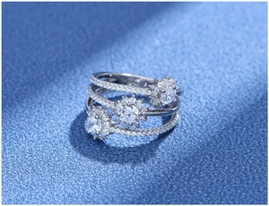 Vue détaillée de la bague flocon de neige argentée à trois rangs avec pavage de zircons