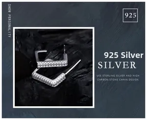 Close-up of S925 sterling silver square huggie hoop earrings with micro pave zircons
