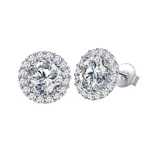 Classic S925 sterling silver halo stud earrings with round brilliant cut cubic zirconia