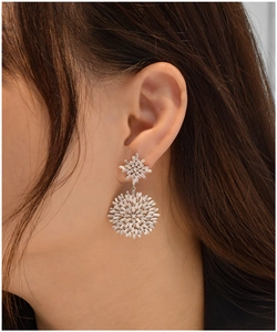 Close-up of S925 sterling silver snowflake earrings with radiant baguette cut zircons