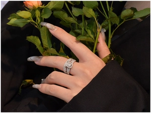 Detailed view of luxury S925 silver wide ring featuring rectangular gemstone cluster