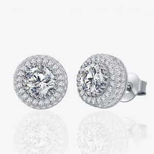 Élégantes Boucles d'Oreilles Clous Rondes Double Halo en Argent Sterling 925 Micro Pavé de Strass Bijoux Géométriques Femme
