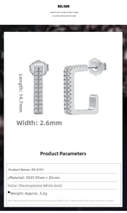 Detail view of S925 sterling silver rectangular earrings with micro-set cubic zirconia stones