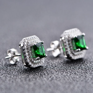 Classic square emerald stud earrings in S925 sterling silver with micro-pave crystals