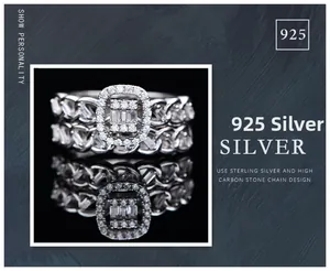 Macro detail of S925 sterling silver chain ring with pavé-set high carbon diamonds